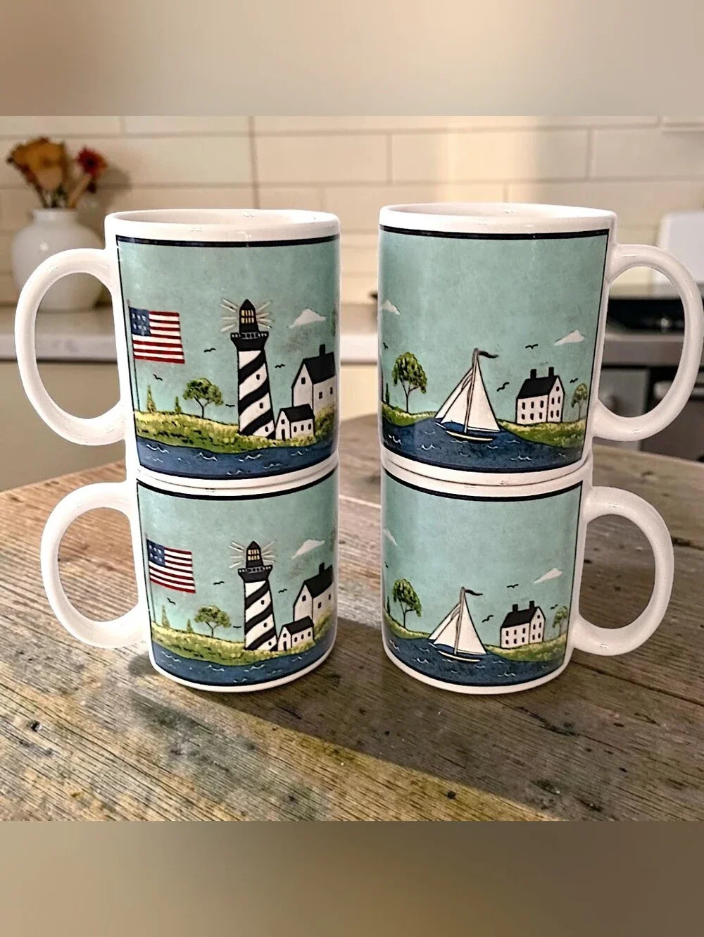 4 Vtg Sakura Coastal Breeze Coffee Mugs Warren Kimble Nautical 10oz Beach House
